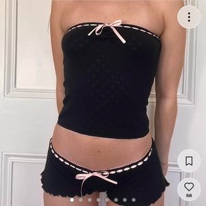 Handmade Black Pointelle Shorts and Top with Lace and Pink Ribbon Details